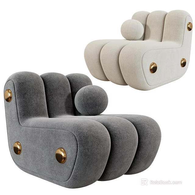 Modern Single Sofa With Rounded Lines Brass Studs And Spherical Pillow In Neutral Tones 3d model 