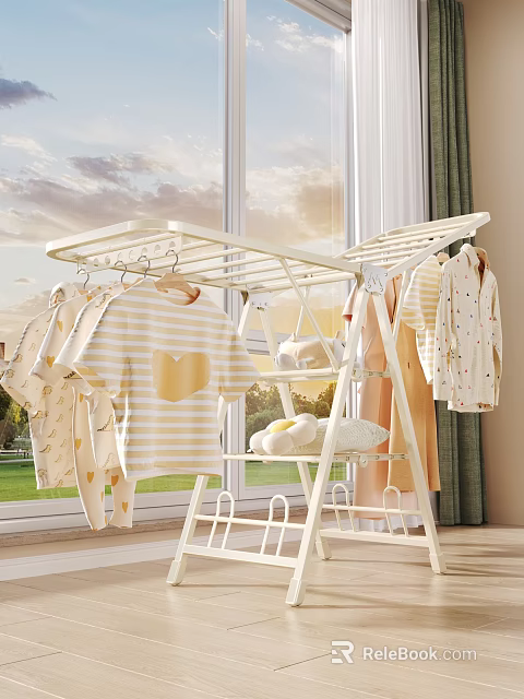 White Clothes Drying Rack Holds Hanging Yellow Heart T-shirts Baby Clothes and Folded Towels 3d model 