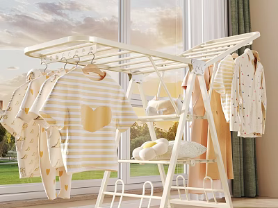 White Clothes Drying Rack Holds Hanging Yellow Heart T-shirts Baby Clothes and Folded Towels 3d model