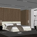 Modern Bedroom Interior With Wooden Wall King Bed Area Rug Floor Lamp And Armchair