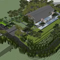 Contemporary Garden Landscape With Stepped Platform Trees Green Hedges Wooden And Black Walls
