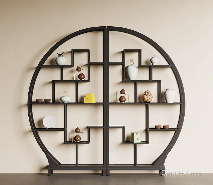 Round Black Chinese Display Shelf With Decorative Ceramic Vases Sculptures and Plates 3d model 