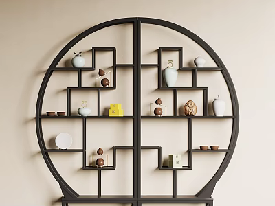 Round Black Chinese Display Shelf With Decorative Ceramic Vases Sculptures and Plates 3d model