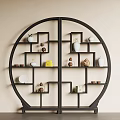 Round Black Chinese Display Shelf With Decorative Ceramic Vases Sculptures and Plates