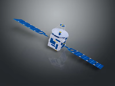 Orbital Satellite Structure with Blue Solar Panels and White Communication Antenna 3d model