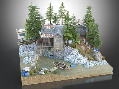 Cartoon Scene Featuring Wooden House Pine Trees Small Boat Rocks And Water Area 3d model