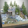 Cartoon Scene Featuring Wooden House Pine Trees Small Boat Rocks And Water Area