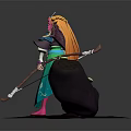 Fantasy Game Movie Character With Orange Long Hair Headdress Blue Green Outfit And Bow