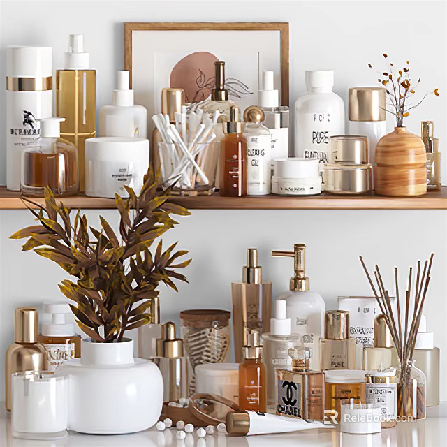 Elegant Modern Bathroom Accessories On Shelf With Glass Bottles Metal Containers And Reed Diffusers 3d model 