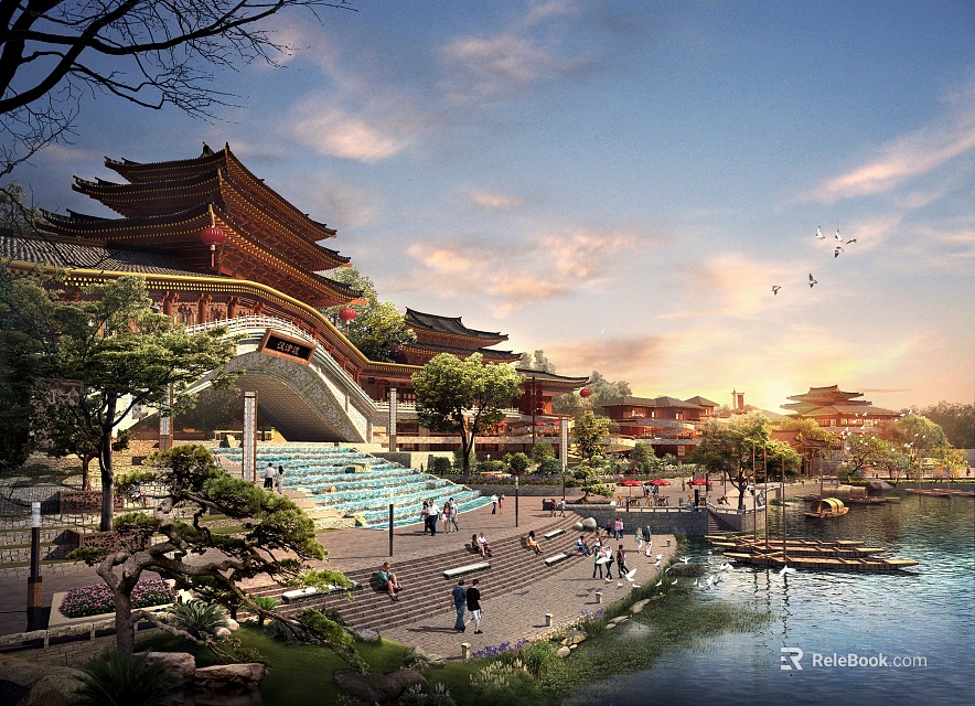 Traditional Ancient Chinese Architecture With Tiered Roofs Overhanging Eaves River Garden And Sunset View 3d model 