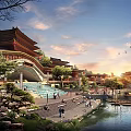 Traditional Ancient Chinese Architecture With Tiered Roofs Overhanging Eaves River Garden And Sunset View