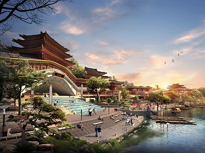 Traditional Ancient Chinese Architecture With Tiered Roofs Overhanging Eaves River Garden And Sunset View 3d model