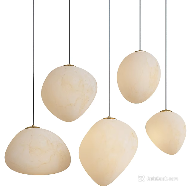 Multiple Irregular Shaped Cream Stone Pendant Lights Suspended with Black Cords and Metal Bases 3d model 