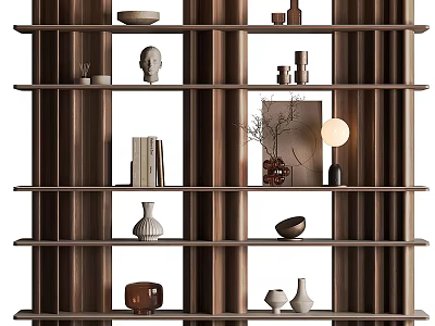 Modern Wooden Bookcase With Shelves Holding Books Vases Bowls And Sculptures 3d model