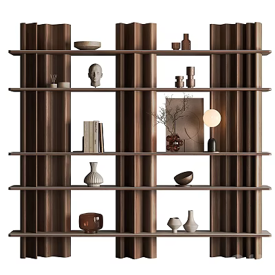 Modern Wooden Bookcase With Shelves Holding Books Vases Bowls And Sculptures 3d model