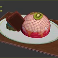 Delicious Pink Dessert Topped With Kiwi Slices And Chocolate Piece On White Plate Wooden Board
