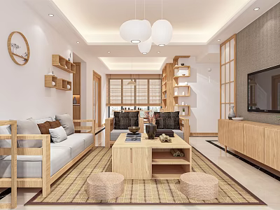 Modern Living Room Interior Design With Light Sofa Wooden Coffee Table And Pendant Lights 3d model
