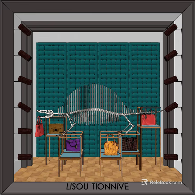 Luxury Bag Boutique With Green Padded Wall Skeleton Art And Display Racks Showcasing Colorful Handbags 3d model 