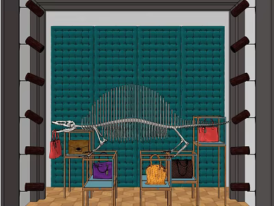 Luxury Bag Boutique With Green Padded Wall Skeleton Art And Display Racks Showcasing Colorful Handbags 3d model