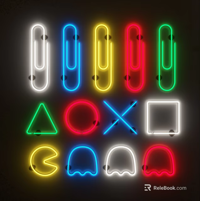 Colorful Neon Decorative Lights with Various Shapes Like Paperclips Triangles and Ghosts 3d model 