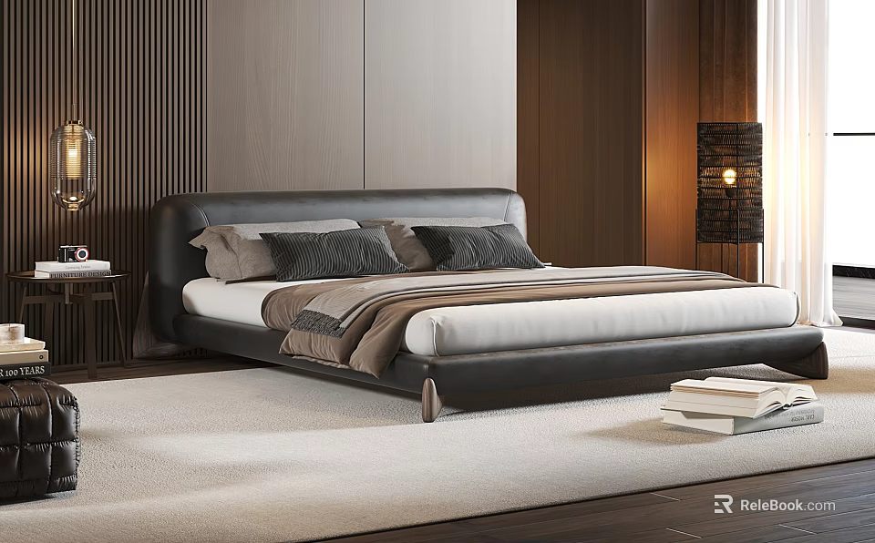 Modern Double Bed With Black Headboard Pillows Nightstand And Wooden Wall Interior 3d model 