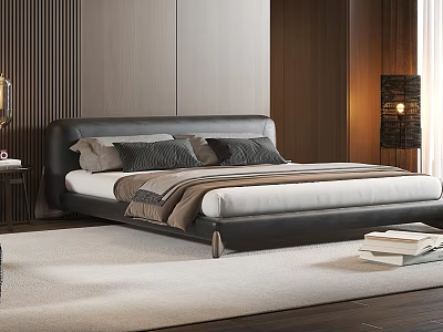 Modern Double Bed With Black Headboard Pillows Nightstand And Wooden Wall Interior 3d model