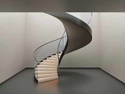 Modern Spiral Staircase With Glass Railing And Illuminated White Steps In Minimalist Room 3d model