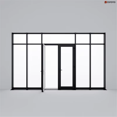 Modern Casement Window With Black Frame And Glass Panes Featuring Open Door And Sleek Design 3d model