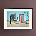 Portrait Painting of Two People Sitting on Chairs with Blue Shutters Fruit Basket and Books