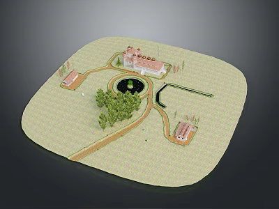 Scenic Garden Landscape With Central Circular Fountain Main Building Trees And Pathways 3d model