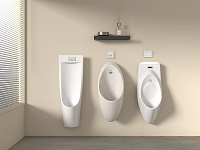 Three White Urinals Mounted On Beige Wall With Black Shelf Holding Decorations And Aromatherapy 3d model