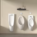 Three White Urinals Mounted On Beige Wall With Black Shelf Holding Decorations And Aromatherapy