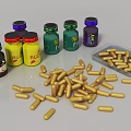 Colorful Supplement Bottles With Labels And Scattered Golden Capsules In Plastic Container