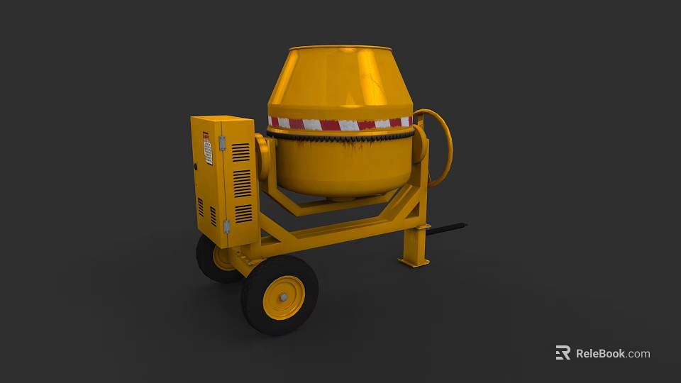 Yellow Mobile Concrete Mixer Industrial Equipment With Red White Striped Top And Wheels 3d model 