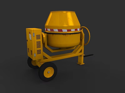 Yellow Mobile Concrete Mixer Industrial Equipment With Red White Striped Top And Wheels 3d model