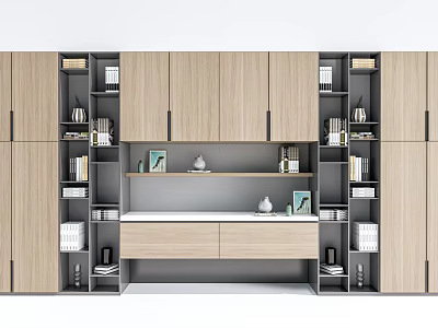 Modern Bookcase Interior Design With Wooden Open Compartments Countertop And Decorative Items 3d model