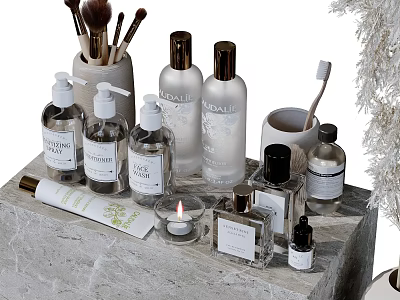 Stylish Bathroom Set With Makeup Brushes Bottles Toothbrush And Candle On Marble Countertop 3d model