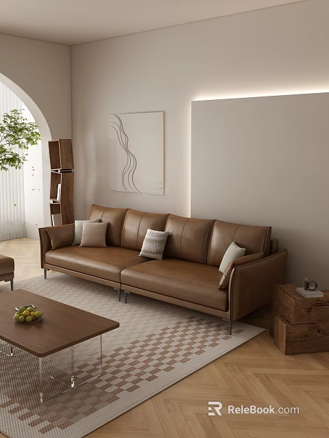 Brown Leather Sectional Sofa in Modern Living Room with Throw Pillows and Wooden Coffee Table 3d model 