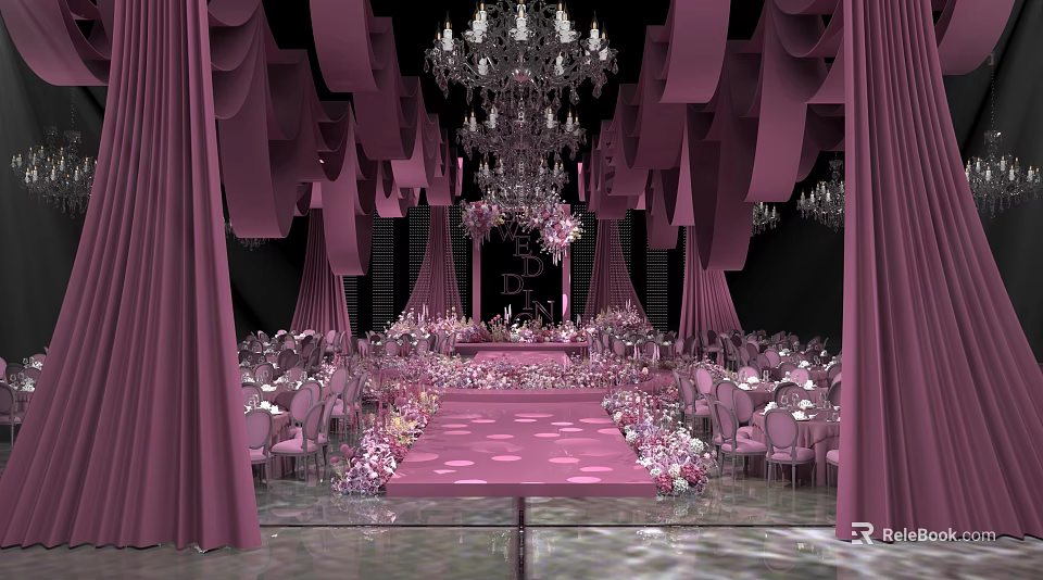 Elegant Banquet Hall with Purple Curtains Chandeliers Pink Runway and Floral Decorations 3d model 