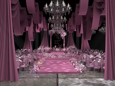 Elegant Banquet Hall with Purple Curtains Chandeliers Pink Runway and Floral Decorations 3d model