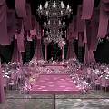 Elegant Banquet Hall with Purple Curtains Chandeliers Pink Runway and Floral Decorations