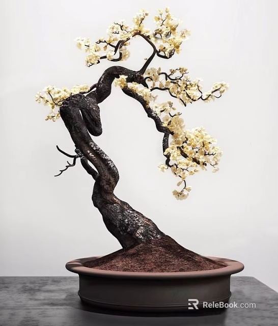 Bonsai Tree With Curved Trunk And White Blossoms In Potted Plant 3d model 