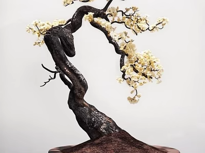 Bonsai Tree With Curved Trunk And White Blossoms In Potted Plant 3d model