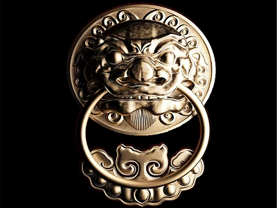 Wall Decor Featuring Traditional Chinese Lion Head Metal Door Knocker with Intricate Patterns 3d model