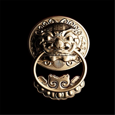 Wall Decor Featuring Traditional Chinese Lion Head Metal Door Knocker with Intricate Patterns 3d model