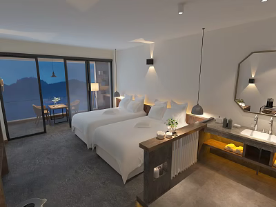 Modern Hotel Guest Room With Twin Beds Mountain View Large Windows And Vanity 3d model