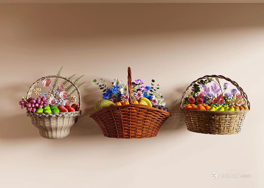 Three Wall Hanging Baskets Filled With Fresh Assorted Fruits And Vibrant Flowers 3d model 