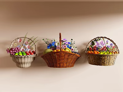 Three Wall Hanging Baskets Filled With Fresh Assorted Fruits And Vibrant Flowers 3d model