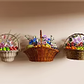 Three Wall Hanging Baskets Filled With Fresh Assorted Fruits And Vibrant Flowers