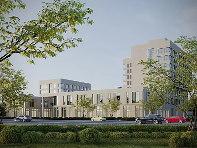 Modern Office Building Exterior With Contemporary Architecture Lush Green Trees Lawns And Road Vehicles 3d model